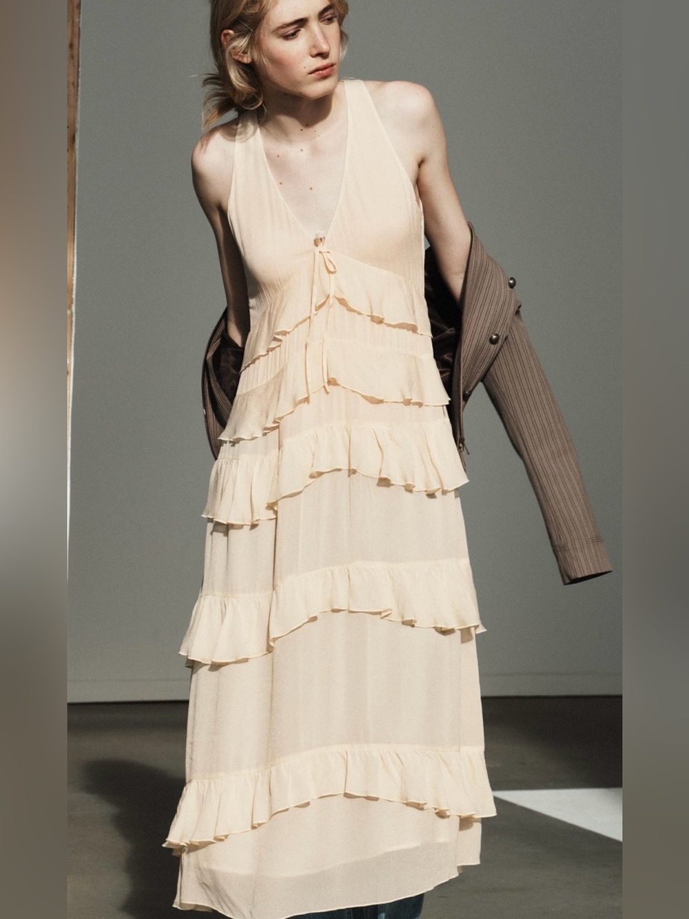 Zara Cream Tiered Ruffle Maxi Dress